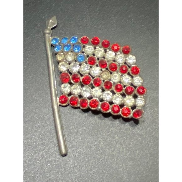 1940's Pot Metal USA American Flag Brooch Pin Multicolor Rhinestone Patriotic - Picture 6 of 7